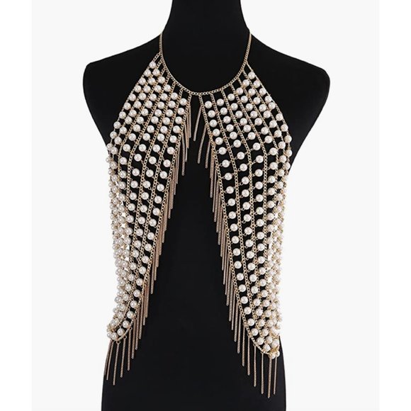 Gold Faux Pearl Chain Tassel Body Jewelry Rave Halter Crop Top - Picture 5 of 10
